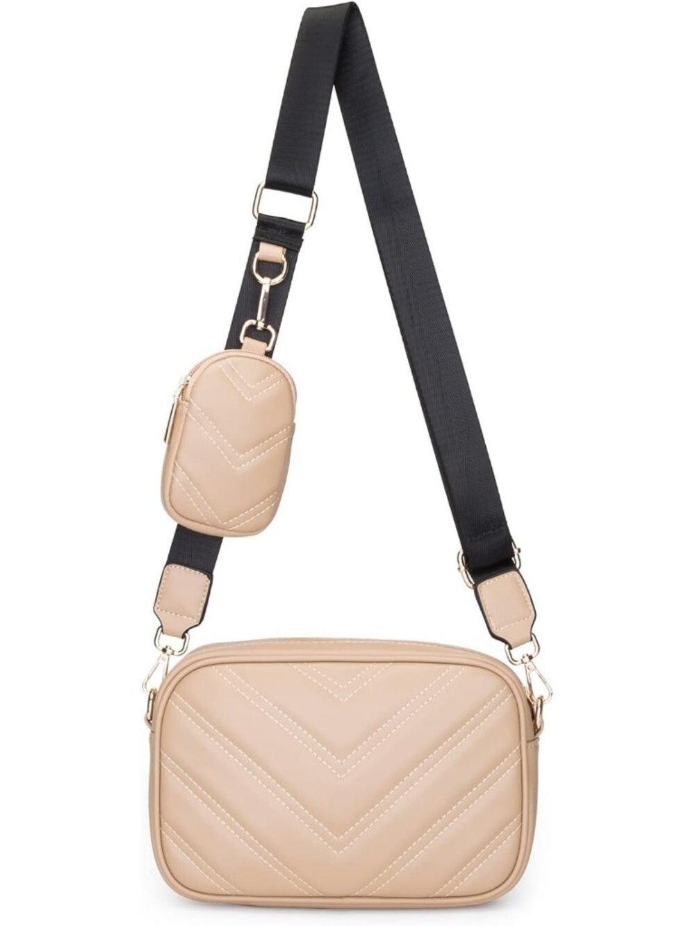 Women's Khaki Vegan Leather Quilted Small Coin Pouch Strap Crossbody Bag